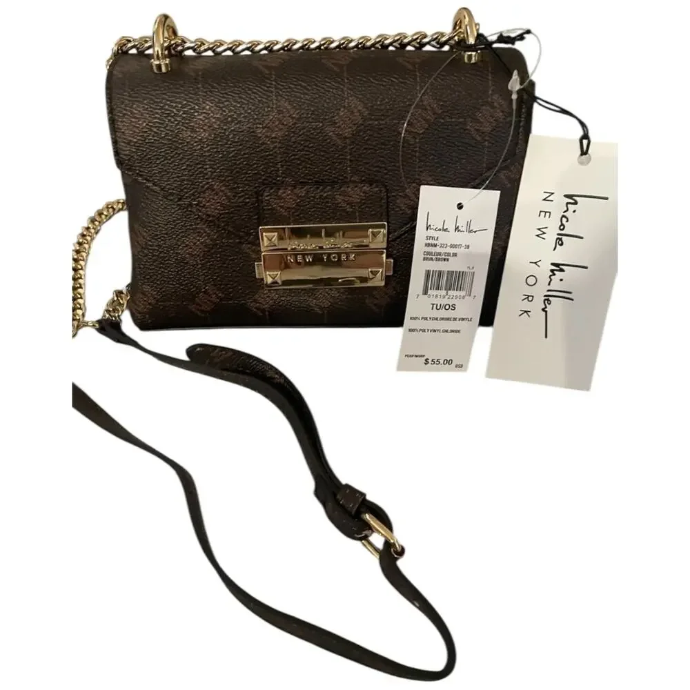 Nicole Miller faux leather Brown Gold mini crossbody chain bag latch closure NWT
